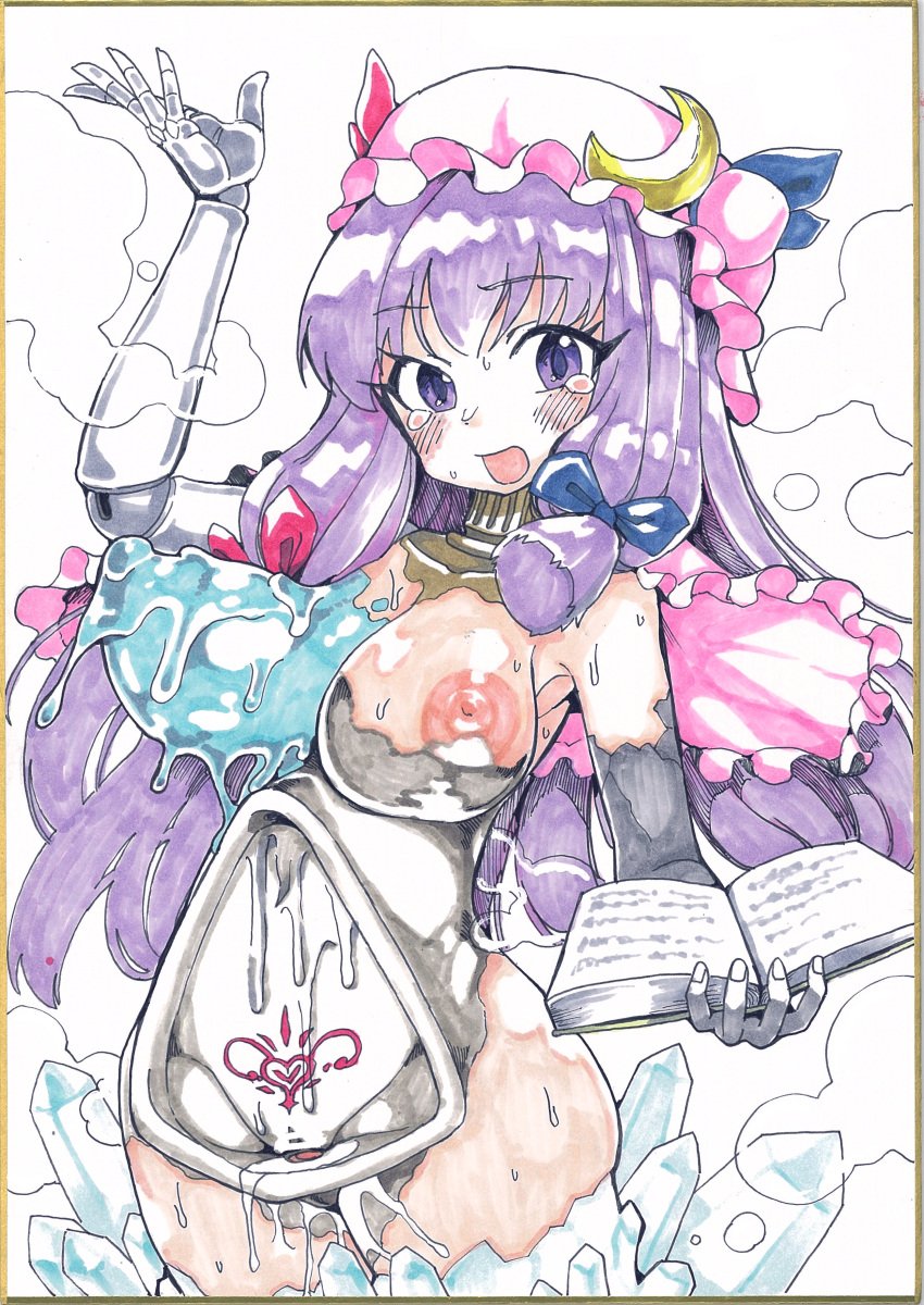 1girls archipelagor18 book breasts dollification frozen mob_cap nipples nude partial_transformation patchouli_knowledge petrification pubic_tattoo purple_hair slime_transformation toilet_transformation touhou transformation womb_tattoo