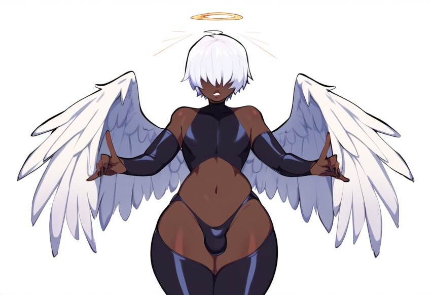 1boy ai_generated alriel angel angel_wings black_femboy catholic christianity curvy dark-skinned_male dark_male_only dark_skin femboy hair_over_eyes halo male monster_femboy mullon novelai original public_domain thick_thighs trap white_hair wings