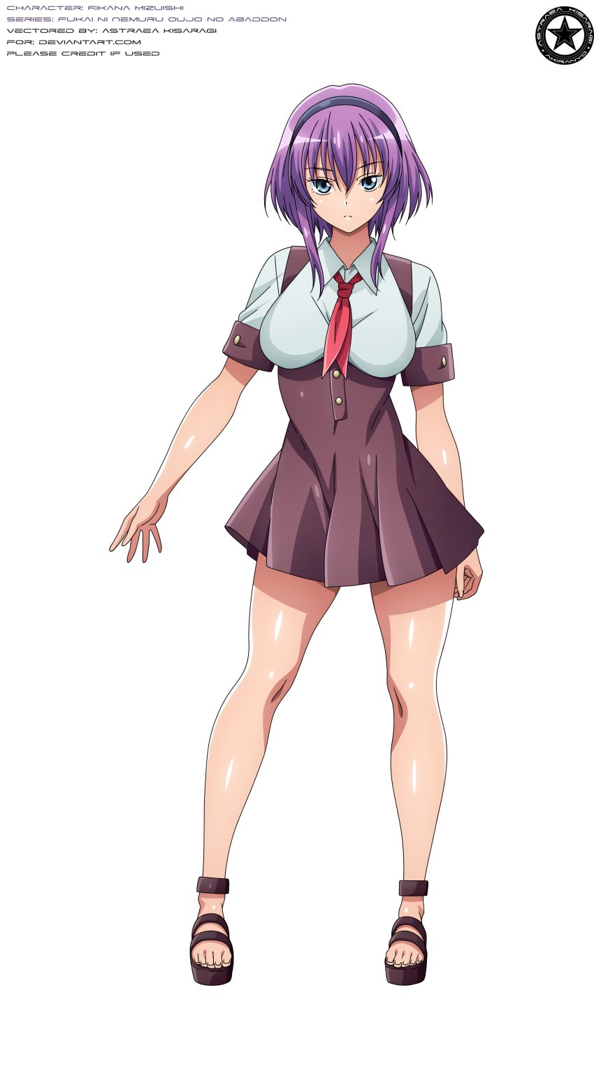 2020 akiranyo artist_logo artist_name blue_eyes character_name english_text fukai_ni_nemuru_oujo_no_abaddon hairband mizuishi_rikana platform_sandals purple_hair_female red_necktie school_uniform schoolgirl shiny_skin short_hair text transparent_background vector_trace work_name