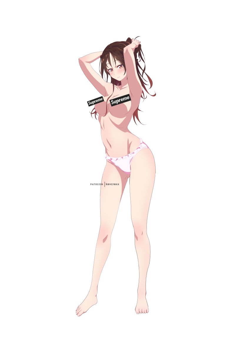 1girls absurdres armpits blush breasts brown_eyes brown_hair censored collarbone completely_nude female full_body highres hourglass_figure kanojo_okarishimasu kevcrexx large_breasts long_hair long_legs messy_hair mizuhara_chizuru navel nude original panties pinup simple_background slim_waist smile solo solo_focus standing swept_bangs topless underwear wide_hips