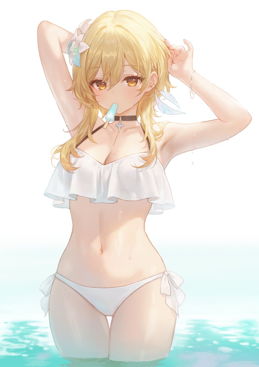 1girls 2d 2d_(artwork) alternate_costume arm_behind_head artist_request belly_button bikini bikini_bottom blonde_hair day female female_focus female_only flowers flowers_in_hair front_view genshin_impact high_resolution highres hoyoverse light-skinned_female light_skin looking_at_viewer lumine_(genshin_impact) medium_breasts mihoyo navel popsicle popsicle_in_mouth short_hair slim_girl solo solo_female solo_focus standing standing_in_water summer swimsuit thong thong_bikini two_piece_swimsuit water white_background white_bikini white_bikini_bottom white_bikini_top white_swimsuit white_thong yellow_eyes young younger_female