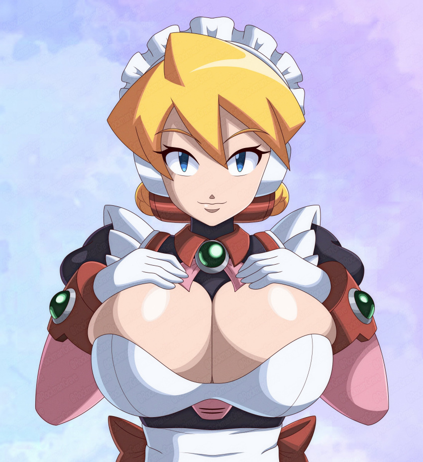 1girls alia blonde_hair blue_eyes breasts busty capcom clothing female hand_on_breast hi_res huge_breasts looking_at_viewer maid maid_uniform mega_man mega_man_x reploid rockmangrave sensual short_hair smile solo voluptuous