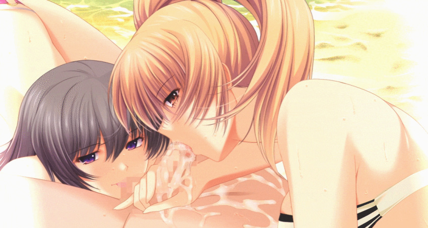 1boy 2girls animated atelier_kaguya bikini_top black_hair blonde_hair breasts censored fellatio game_cg kajuu_100 large_breasts licking_penis long_hair looking_at_viewer multiple_girls oral penis purple_eyes sengoku_natsuka smile striped_bikini_top swimsuit threesome twintails umimori_ayane yoppy