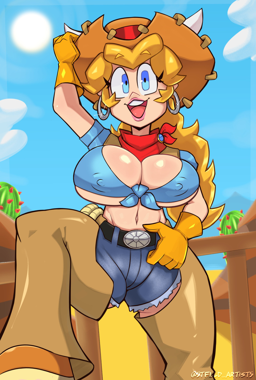 1girls 5tflldartist5 alternate_version_available belt belt_buckle big_breasts blonde_hair blue_eyes blue_shorts breasts cleavage clothing cowboy cowboy_hat cowgirl cowgirl_outfit cowgirl_peach ear_piercing earrings female female_only gloves hair handwear hat headwear hoop_earrings huge_breasts jean_shorts lips lipstick mario_(series) neckwear nintendo nipple_bulge open_mouth pink_lips pink_lipstick princess_peach princess_peach:_showtime! shorts solo solo_female