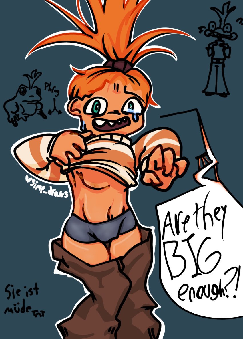 anxiety_(inside_out) average_breasts boyshorts bulge_through_clothing crying female humanized humanoid insecure inside_out inside_out_2 lifting_shirt nervous_female nervous_smile nervous_sweat no_bra no_visible_genitalia orange_body orange_hair pants_down pointy_teeth ponytail shaded simp_draws solo_female solo_focus sweatdrop teal_eyes vaginal_bulge