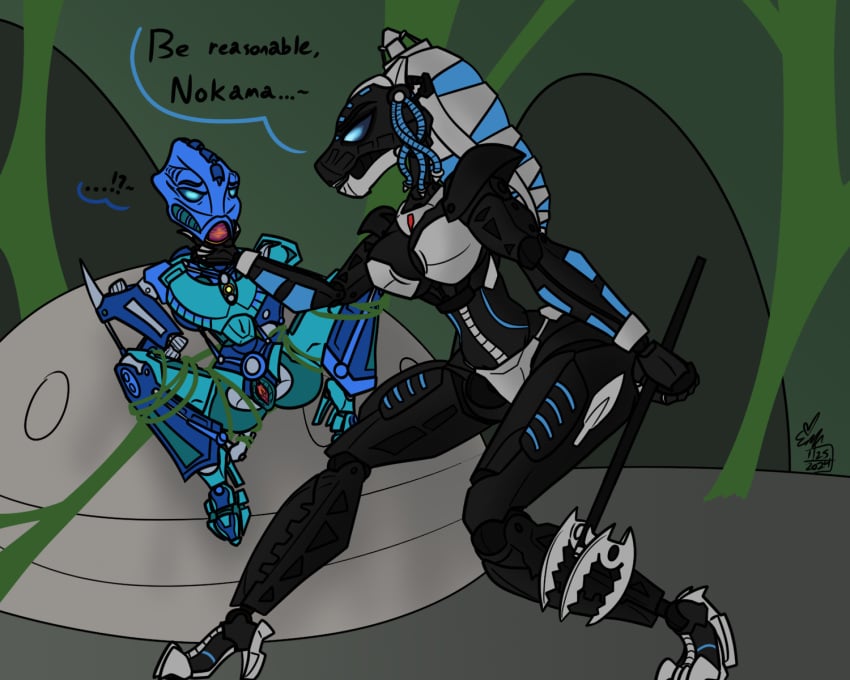 5:4 arthropod_webbing bionicle bound breasts digital_drawing_(artwork) digital_media_(artwork) duo erynerikard female female/female genitals hi_res hordika humanoid larger_female lego nokama nokama_(hordika) pussy questionable_consent roodaka size_difference spread_legs spreading vortixx web_bondage