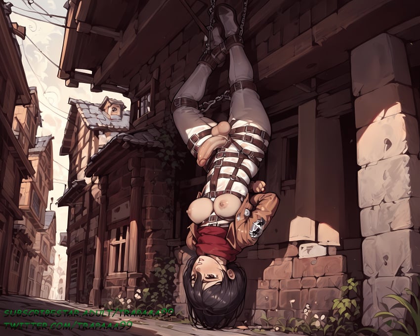 1futa ai_generated attack_on_titan erect_penis erection futa_only futa_sans_pussy futanari half_naked huge_cock inverted large_penis mikasa_ackerman tied_up trapaaa99