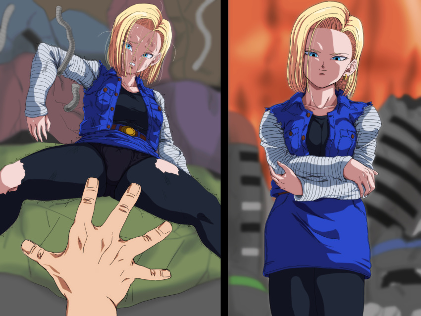 1boy android_18 blonde_hair blue_eyes dragon_ball dragon_ball_z female imminent_death jeans_skirt legs_apart medium_hair mini_person n pantyhose short_hair skirt trunks_(dragon_ball)