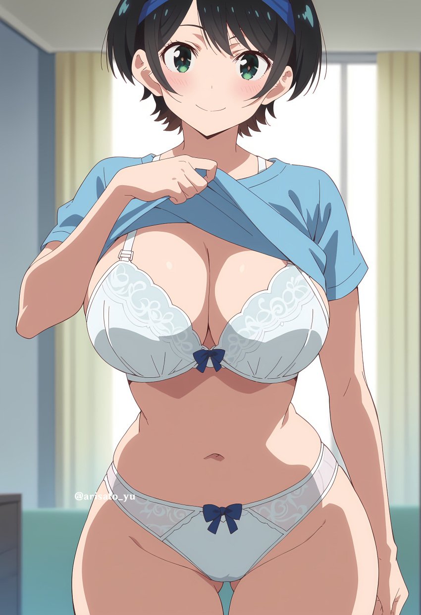 1girls ai_generated arisato_yu black_hair blush blush_lines bra breasts clothing female green_eyes kanojo_okarishimasu legs_together looking_at_viewer matching_underwear panties sarashina_ruka shirt shirt_lift short_hair short_hair_female smile underwear undressing white_bra white_panties wide_hips