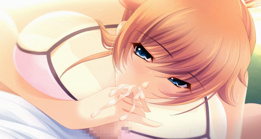 1boy 1girls animated atelier_kaguya bikini blue_eyes breasts censored cum cum_in_mouth fellatio game_cg kajuu_100 large_breasts looking_at_viewer mizunomiya_shiho oral orange_hair penis pink_bikini pink_swimsuit ponytail pov pov_eye_contact swimsuit takao_aya