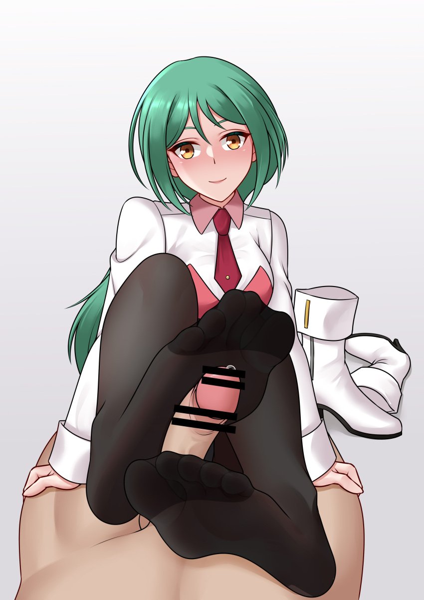 1boy absurdres anjou_tokoha black_pantyhose blush boots breasts cardfight!!_vanguard commentary_request erection feet female foot_focus footjob footjob_with_footwear foreshortening greek_toe green_hair grey_background hair_between_eyes highres jacket long_hair long_sleeves medium_breasts necktie no_shoes oirin pantyhose ponytail red_necktie shoes simple_background smile soles toes two-footed_footjob unworn_shoes white_footwear white_jacket yellow_eyes