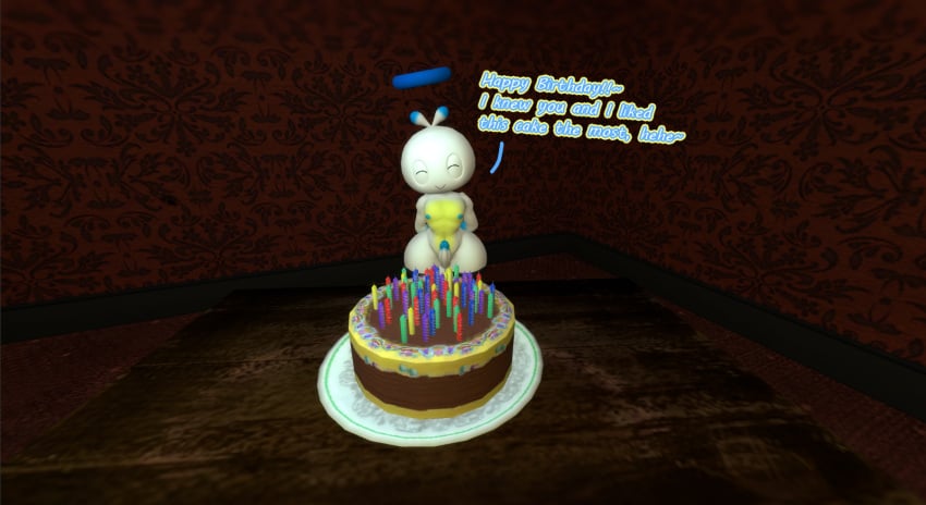 1boy 3d antenna antennae birthday birthday_cake cake candle candles chao_(sonic) closed_eyes closed_mouth closed_smile dialogue english_dialogue english_text erect erect_penis erection halo hands_behind_back happy hero_chao indoors inside male nipples nude penis plate sfm smile smiling sonic_(series) sonic_the_hedgehog_(series) source_filmmaker table talking talking_to_viewer text white_body