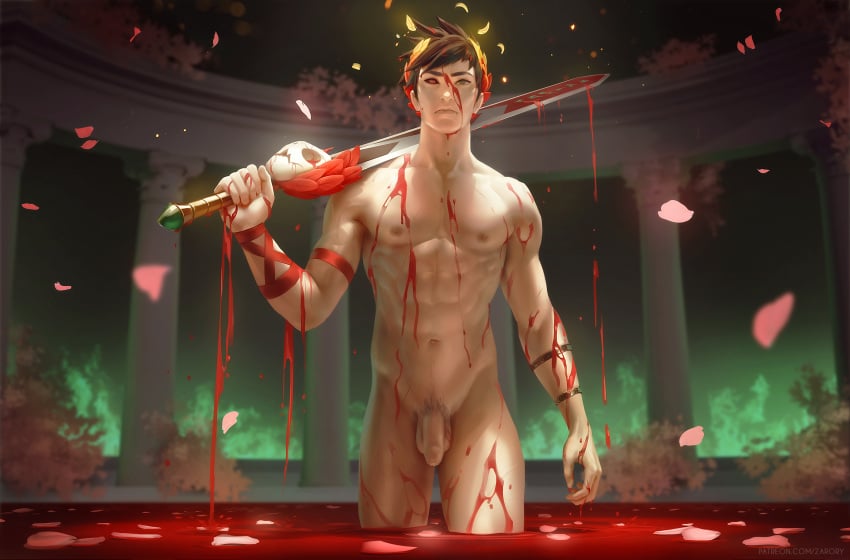 artistic_nude blood flaccid hades_(game) heterochromia laurel_crown looking_at_viewer looking_down looking_down_at_viewer low-angle_view male male_only muscular muscular_male nipples nude_male penis petals petals_on_liquid pubic_hair solo solo_male sword testicles uncircumcised uncut uncut_penis zagreus zarory