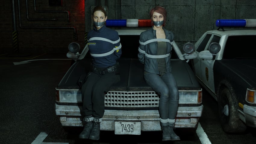 2girls 3d angry beth_wilder blender bondage clothed control courtney_hope gag gagged jesse_faden looking_at_another ponytail quantum_break red_hair rope security_uniform sitting_on_vehicle tape_gag taped_mouth theblendertaper