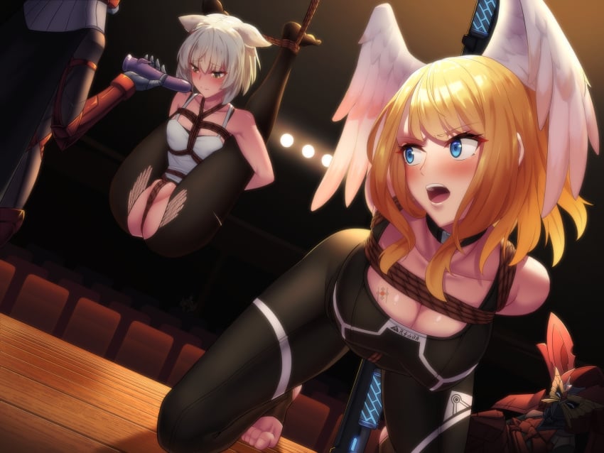 absurd_res arms_behind_back arms_tied arms_tied_behind_back bent_over big_breasts biting_lip blue_eyes blush bondage bound bound_ankles bound_arms breasts brown_hair captured captured_heroine cat_ears catgirl choker consul_(xenoblade) consul_x_(xenoblade) crotch_rope eunie_(xenoblade) female female_focus femsub head_wings highres humiliation imminent_rape jiguang_zhi_aoluola kneeling leggings medium_breasts mio_(xenoblade) monolith_soft more_at_source nintendo pantyhose ripped_clothing ripped_pantyhose rope rope_bondage rope_harness sex_toy submissive submissive_female suspension tank_top tears torn_clothes torn_leggings vibrator white_hair xenoblade_(series) xenoblade_chronicles_3 yellow_eyes