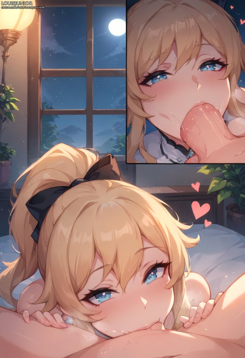 1boy 1girls adult_and_teenager age_difference ai_generated all_the_way_to_the_base balls_deep bangs bed bedroom big_penis blonde_hair blowjob blue_eyes blush civitai completely_nude cute deepthroat eye_contact female female_focus genshin_impact hair_between_eyes hair_ribbon half-closed_eyes hands_on_legs heart highres huge_breasts indoors jean_gunnhildr large_penis light-skinned_female light-skinned_male light_skin looking_at_viewer louisjunior loving_gaze male male/female male_pov mihoyo multiple_views naked night night_sky nude on_back on_bed oral penis petite ponytail pov pulling_out saliva saliva_on_penis sidelocks skinny slim spread_legs teenager uncensored upscaled window