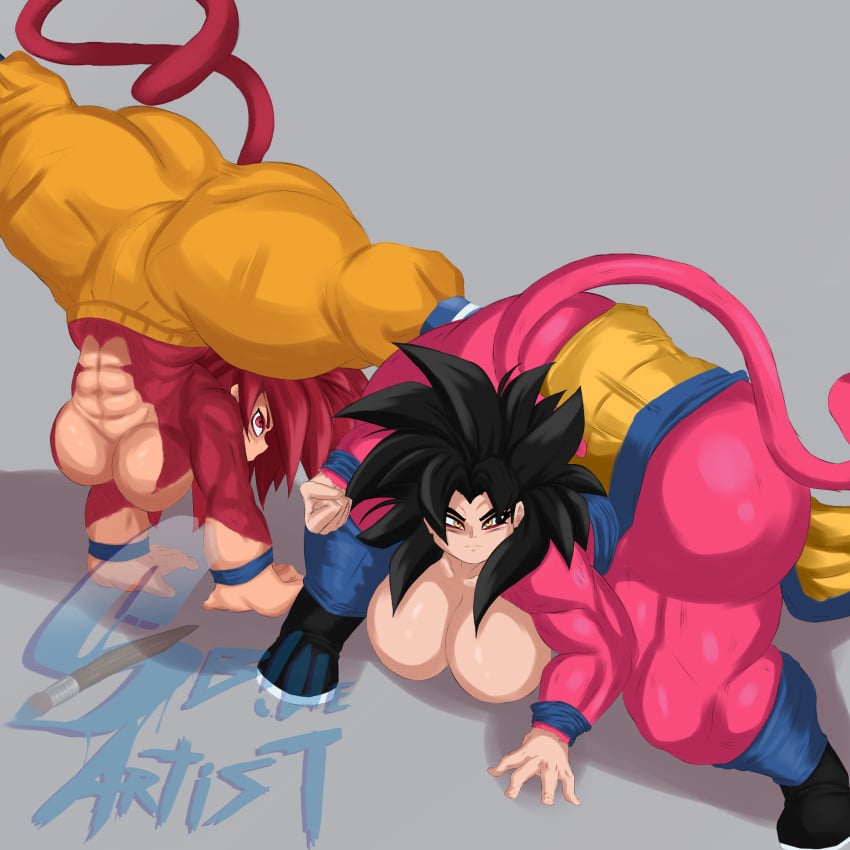 2girls abs big_arms black_hair cel_shading dragon_ball_daima dragon_ball_gt fur gigantic_ass gray_background hair handband handstand_with_split_pose looking_at_viewer monkey_girl monkey_tail pants_only red_eyes red_fur red_hair revealing_breasts rule_63 same_person shoes snowyblue son_goku super_saiyan_4 tail_markings thick_thighs watermark yellow_eyes