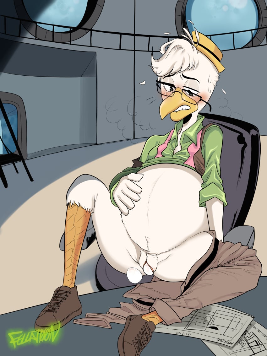 absurd_res andromorph anthro avian beak belly big_belly bird blush bottomwear bottomwear_down chair chicken clenched_teeth clothed clothing digital_media_(artwork) disney ducktales egg egg_from_pussy egg_laying eyewear feathers footwear furniture galliform gallus_(genus) genitals glasses gyro_gearloose hand_on_belly hat headgear headwear hi_res inside intersex pants pants_down partially_clothed phasianid pregnant pregnant_andromorph pregnant_intersex pussy shirt shoes simple_background sitting sleepingwithpirates solo spread_legs spreading table teeth topwear white_body white_feathers