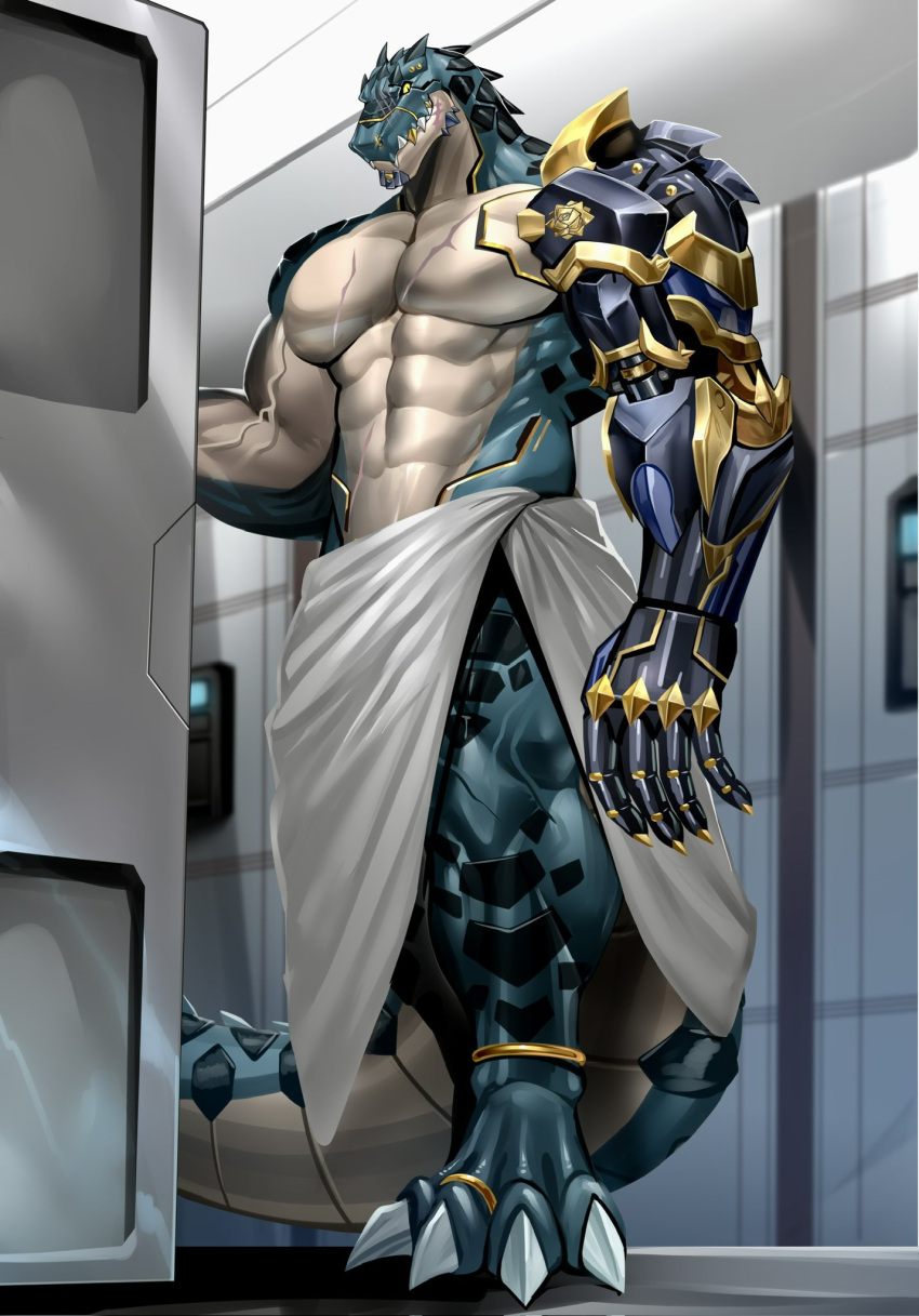 2024 4_toes abdominal_scar abs anthro biceps black_body black_scales chest_scar claws countershading crocodile crocodilian crocodylid cybernetic_arm cybernetic_limb eyebrow_stud feet gold_(metal) gold_tooth green_body green_scales head_spines hi_res low-angle_view male muscular muscular_anthro muscular_male obliques reptile ryuichi_arasaka saft scales scalie scar sharp_teeth shower solo stud_piercing tan_body tan_countershading tan_scales teeth toe_claws toes towel_around_waist vein veiny_muscles yellow_sclera