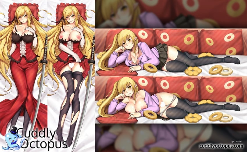 areolae artist_name blonde_hair breasts censored clothing dakimakura dress elbow_gloves female kiss-shot_acerola-orion_heart-under-blade kizumonogatari large_breasts long_hair looking_at_viewer monogatari_(series) nekomonogatari nipples oshino_shinobu panties pointy_ears skirt solo sword tony_guisado weapon web_address yellow_eyes