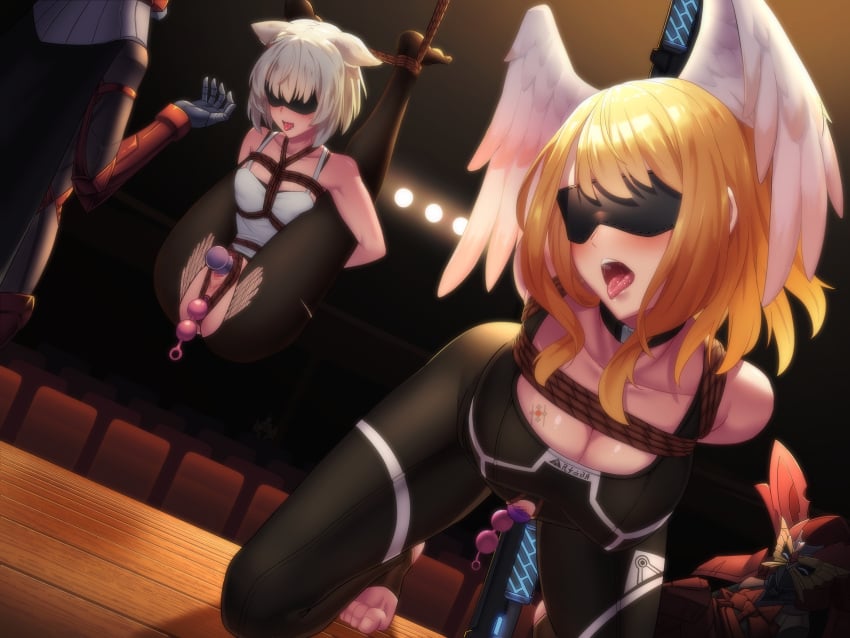 absurd_res ahe_gao anal anal_beads anal_penetration arms_behind_back arms_tied arms_tied_behind_back bdsm bent_over big_breasts blindfold blindfolded blush bondage bound bound_ankles bound_arms breasts brown_hair captured captured_heroine cat_ears catgirl choker consul_(xenoblade) consul_x_(xenoblade) crotch_rope eunie_(xenoblade) female female_focus female_penetrated femsub head_wings highres humiliation jiguang_zhi_aoluola kneeling leggings medium_breasts mio_(xenoblade) monolith_soft more_at_source nintendo pantyhose penetration ripped_clothing ripped_pantyhose rope rope_bondage rope_harness sex_toy submissive submissive_female suspension tank_top tears tongue tongue_out torn_clothes torn_leggings vaginal_penetration vibrator vibrator_in_pussy white_hair xenoblade_(series) xenoblade_chronicles_3