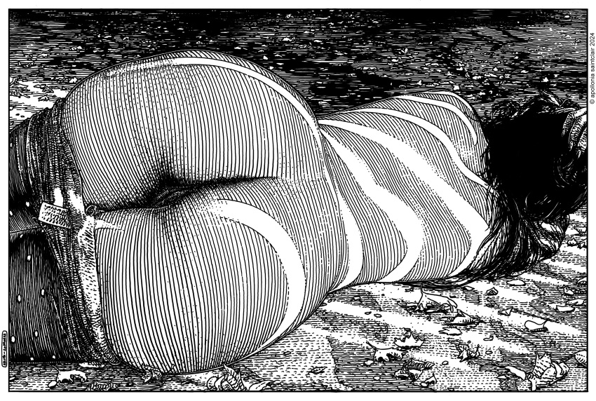 1girls apollonia_saintclair ass back_view black_and_white female female_only lying_on_side monochrome nude panties_down pants_down pussy solo stippling