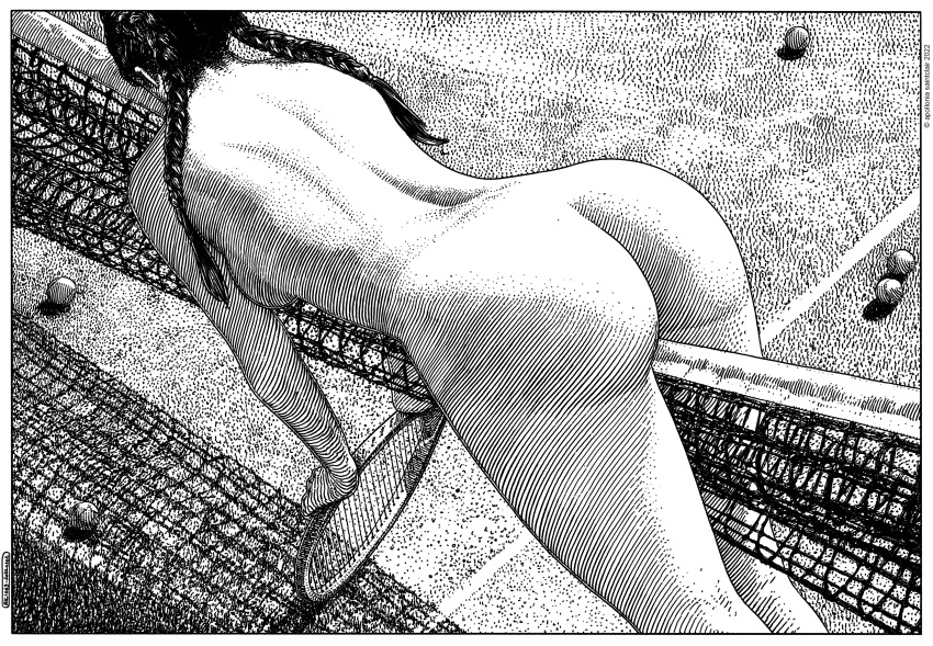 1girls apollonia_saintclair ass black_and_white braided_pigtails braided_twintails dark_hair female female_only monochrome nude solo stippling tennis tennis_court tennis_net tennis_racket