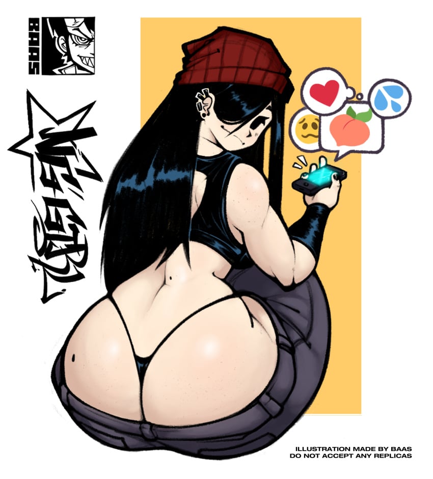 1girls 2d 2d_(artwork) 2d_artwork ass baasng beanie big_ass big_breasts black_hair bubble_ass bubble_butt clothed clothed_female clothes clothing ear_piercing emoji female female_focus female_only hair hair_over_one_eye long_hair looking_at_viewer looking_back newgrounds ng-girl_(baasng) oc original_character phone red_beanie revealing_clothes solo solo_focus string_panties thick thick_ass thick_thighs thunder_thighs thunderthighs