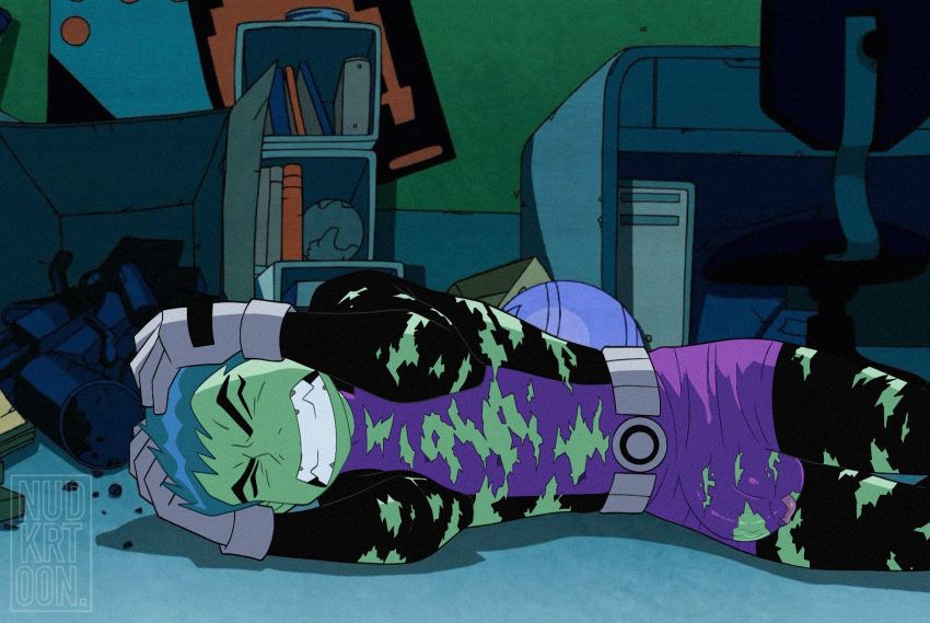 beast_boy beast_boy_(teen_titans) gay green green_body green_eyes green_hair green_skin nsfw nudkrt00n skinny spandex spandex_suit torn_clothes torn_clothing torn_spandex yaoi young