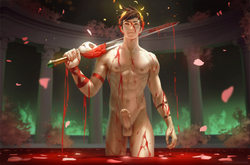 artistic_nude blood blood_bath erection hades_(game) heterochromia laurel_crown looking_at_viewer looking_down looking_down_at_viewer low-angle_view male male_only muscular muscular_male nipples nude_male penis petals petals_on_liquid pubic_hair smile smirk solo solo_male sword testicles uncircumcised uncut uncut_penis zagreus zarory