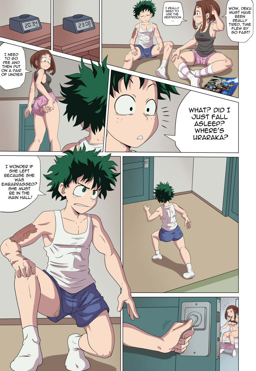 1boy 1girls asleep asshole bathroom big_breasts breasts brown_eyes brown_hair clock comic comic_page dorm dorm_room exposed_breasts exposed_nipples exposed_pussy female green_eyes green_hair izuku_midoriya kitsukky male male/female muscles muscular muscular_male my_hero_academia ochako_uraraka poster pussy scar scars shorts socks striped_socks tank_top uncensored