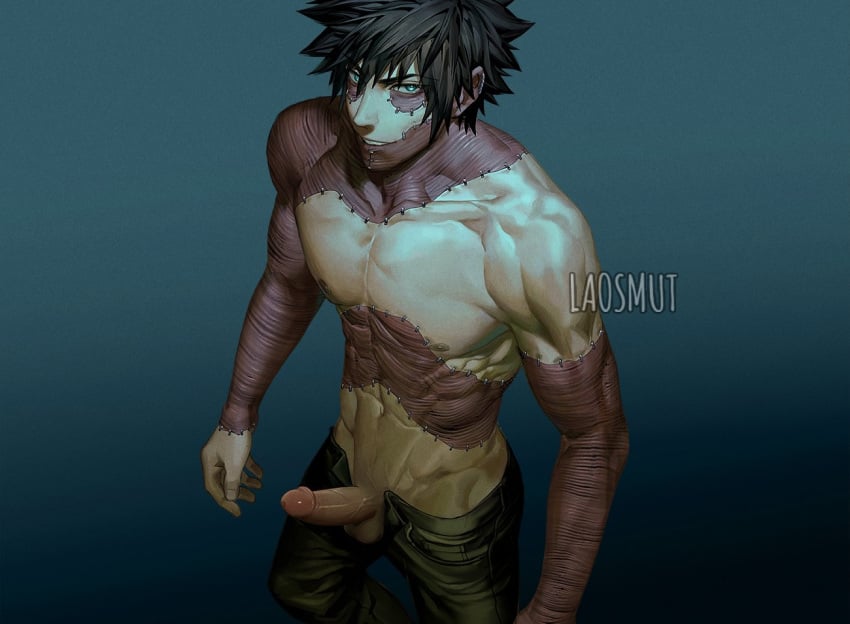 1boy bare_arms bare_chest bare_shoulders black_hair burn_scar dabi erect_penis erection laosmut male male_focus male_only my_hero_academia pants partially_clothed penis scar scars solo solo_focus solo_male todoroki_touya touya_todoroki