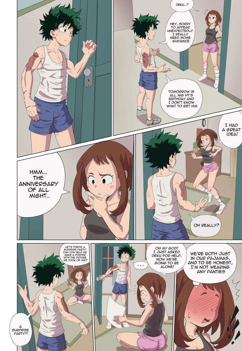 1boy 1girls big_breasts blush breasts brown_eyes brown_hair bulge bulge_through_clothing comic comic_page dorm dorm_room female green_eyes green_hair human izuku_midoriya kitsukky male male/female muscles muscular muscular_male my_hero_academia ochako_uraraka paper scar scars scissors shorts socks striped_socks tank_top