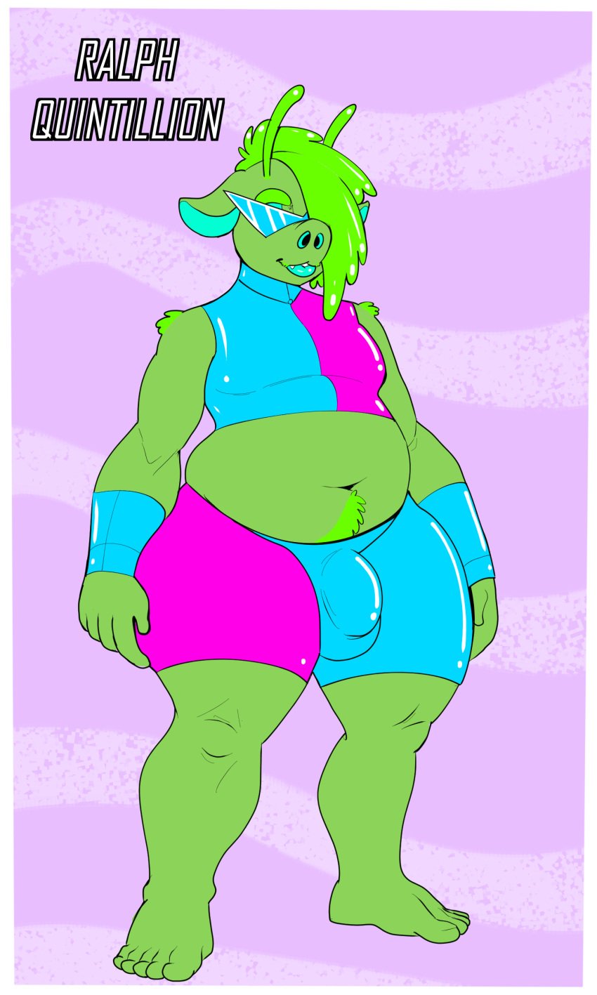 1boy 3:5 absurd_res alien alien_boy antennae_(anatomy) anthro belly body_hair bottomwear bulge chubby chubby_male clothing crop_top digital_media_(artwork) domestic_pig eyebrows fat fat_man femboy flyntdraws_(artist) genitals goo_creature goo_humanoid green_body happy_trail hi_res humanoid male male_only mammal midriff navel original original_character overweight overweight_male ralph_quintillion_(flyntdraws) royalty science_fiction shirt shorts simple_background slime smile solo suid suina sus_(pig) text thick_bottom_lip thick_eyebrows thick_thighs topwear tummy_flashing wide_hips