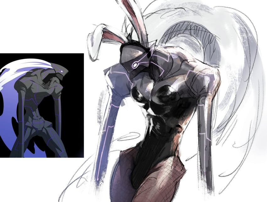 1boys bunny_ears bunnysuit corset crossdressing fishnets long_hair male_only merkava monster monster_boy pecs reference_image reference_inset shin_tamazuki thin_waist under_night_in-birth very_long_hair void_(under_night_in-birth) white_hair