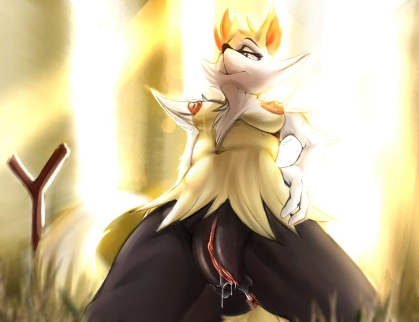 1girls 2019 3_fingers anthro anus areolae belly big_nipples black_fur black_nose bodily_fluids braixen breasts canine chest_tuft clitoris detailed_background ear_tuft female fox fur genital_fluids grass half-closed_eyes hand_on_hips humanoid_pussy kneeling leaking navel nintendo nipples nude outdoors outside pokémon_(species) pokemon pokemon_(species) pokemon_xy presenting presenting_pussy pussy pussy_juice red_eyes red_fur sapple solo source_request spread_legs stick tail thick_thighs tuft video_games wet white_fur yellow_fur