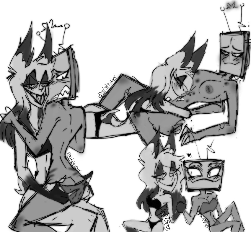 alastor_(hazbin_hotel) animal_humanoid ass bite_mark blush breasts butt_grab clothed clothing deer deer_humanoid demon demon_humanoid duo electronics enemies_to_lovers female female/female fluffy fluffy_tail for_a_head hair hand_on_butt hazbin_hotel hi_res horn humanoid looking_pleasured mammal mammal_humanoid monochrome multicolored_hair nipples nude object_head open_mouth open_smile panties partially_clothed rule_63 screen screen_face screen_head silstriker82 smile tail television thick_thighs tv_head two_tone_hair underwear vox_(hazbin_hotel)