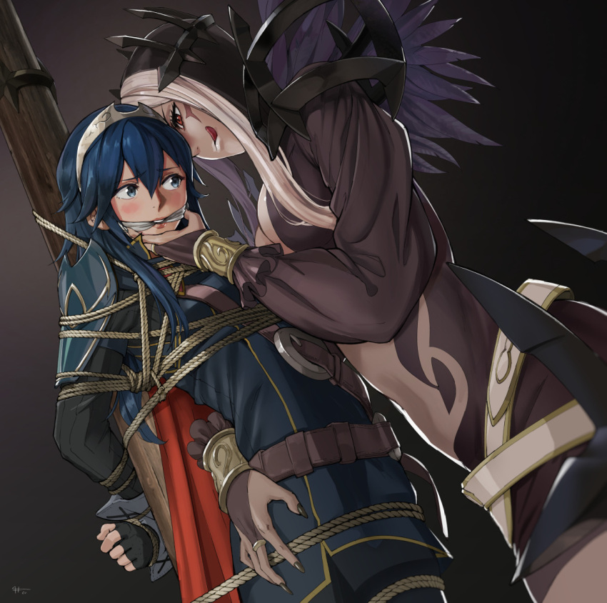 2girls :p aversa_(fire_emblem) blue_eyes blue_hair blush bondage bound bound_to_pole breasts captured caress caressing_face center_opening cleavage dark-skinned_female dark_skin embarrassed femdom femsub fire_emblem fire_emblem_awakening gag groping imminent_rape imminent_sex licking_lips lucina_(fire_emblem) medium_breasts molestation naughty_face nintendo pole red_eyes restrained slave small_breasts thesharpffffff tiara tongue tongue_out villainess white_hair