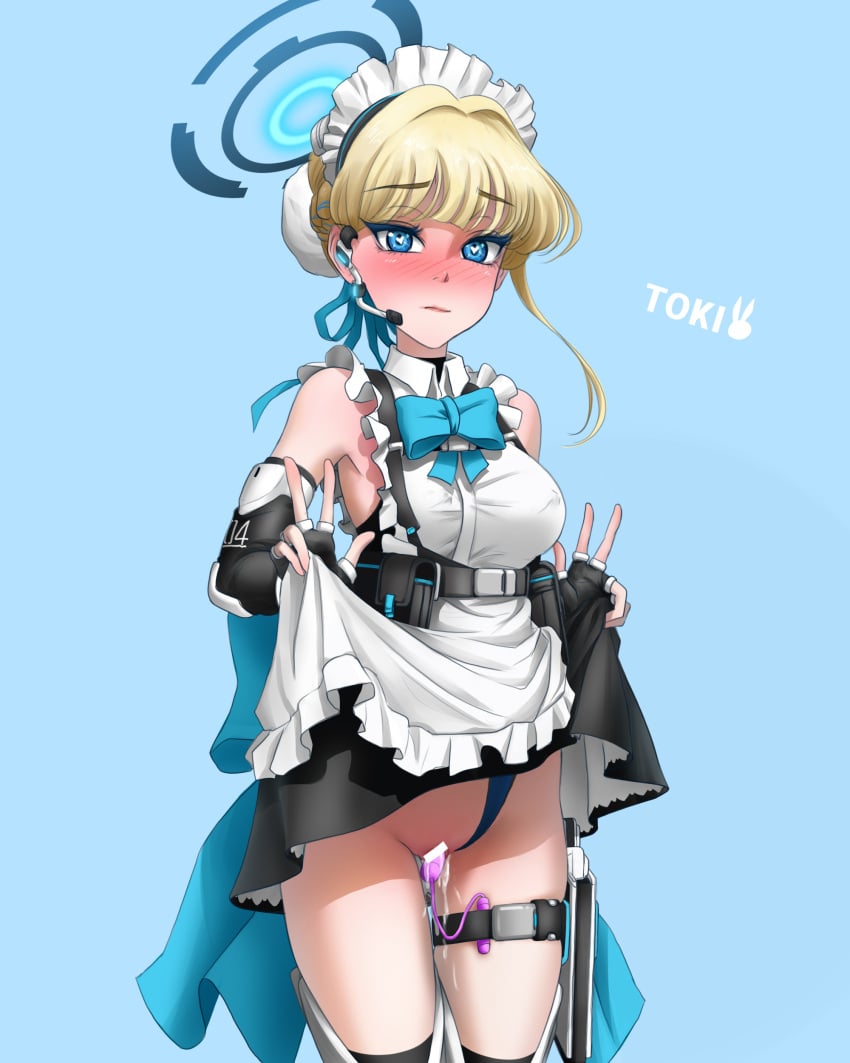absurdres bar_censor bare_shoulders black_gloves black_thighhighs blonde_hair blue_archive blue_background blue_eyes blue_hair blush breasts bucho_sama censored character_name double_w earpiece elbow_gloves female frills gloves halo hat heart heart-shaped_pupils highres looking_at_viewer maid maid_headdress mob_cap multicolored_hair neck_ribbon pussy_juice ribbon sex_toy simple_background solo streaked_hair symbol-shaped_pupils thighhighs toki_(blue_archive) two-tone_hair variant_set vibrator vibrator_in_thigh_strap w