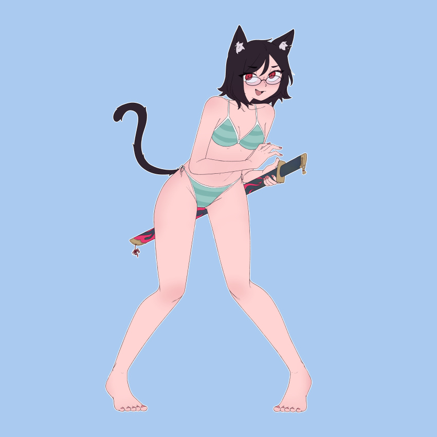 alternate_version_available black_hair bra cat_ears cat_tail catgirl clothed_female final_fantasy_xiv glasses hiivenn_(artist) katana kyoka_akazome messy_hair miqo'te panties red_eyes