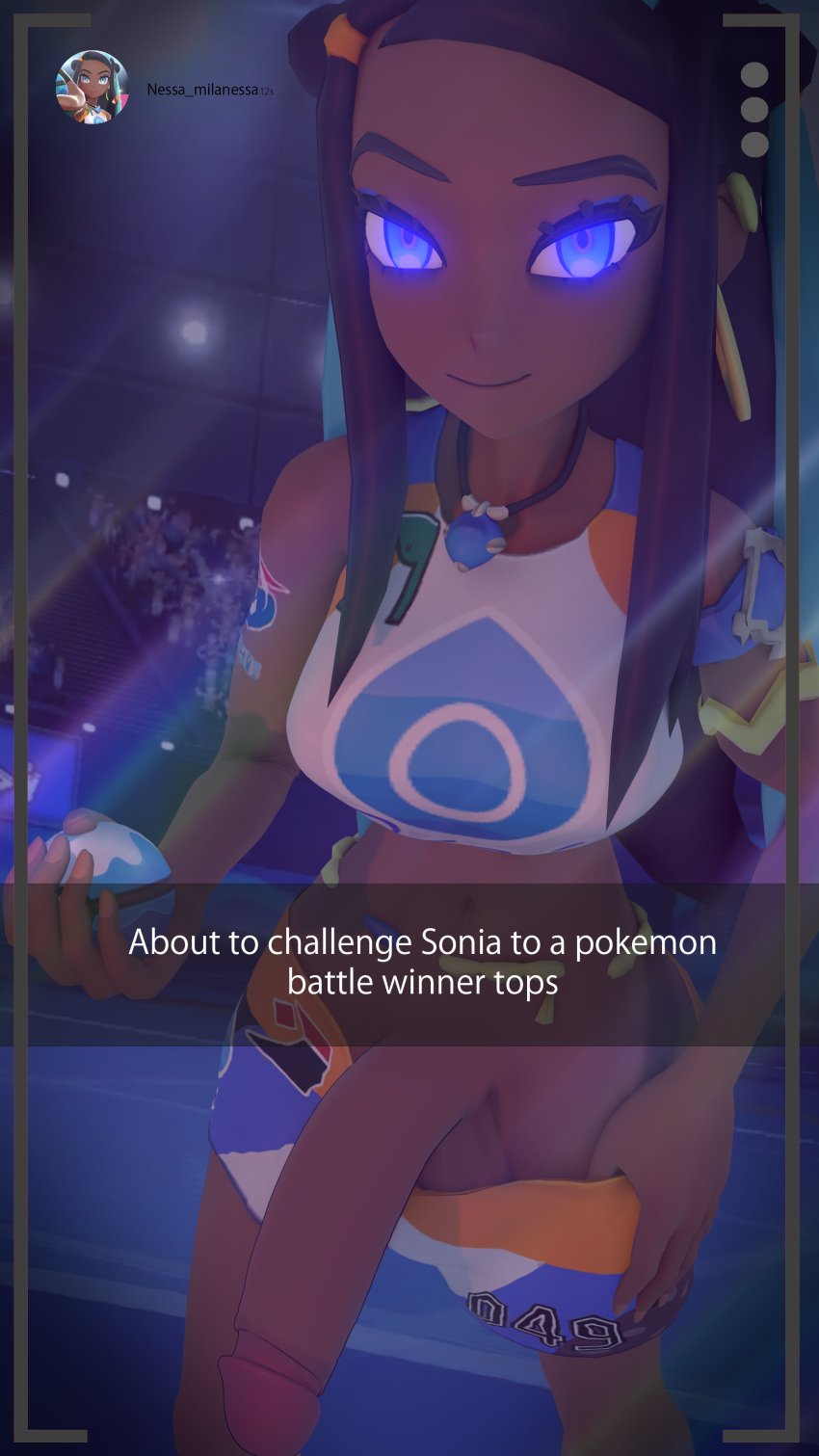 1futa 3d big_penis breasts cock dark-skinned_futanari dark_skin futa_only futaflux futanari glowing_eyes large_penis nessa_(pokemon) pants_down penis pokeball pokemon selfie