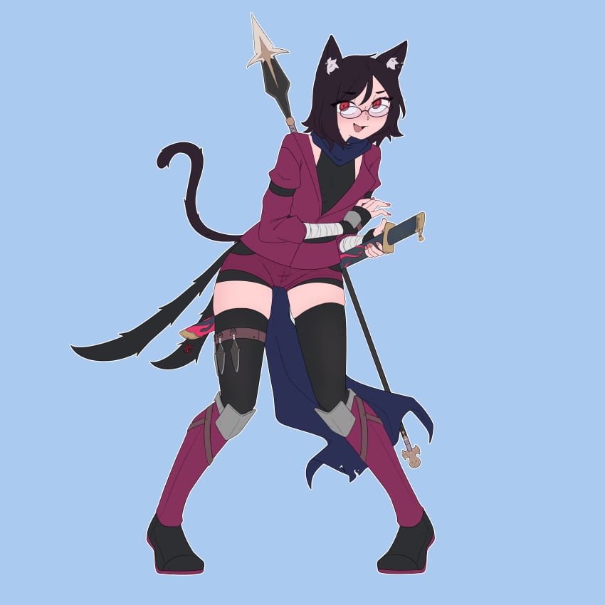 alternate_version_available black_hair cat_ears cat_tail catgirl clothed_female final_fantasy_xiv glasses hiivenn_(artist) katana kyoka_akazome messy miqo'te red_eyes spear thighhighs throwing_knife