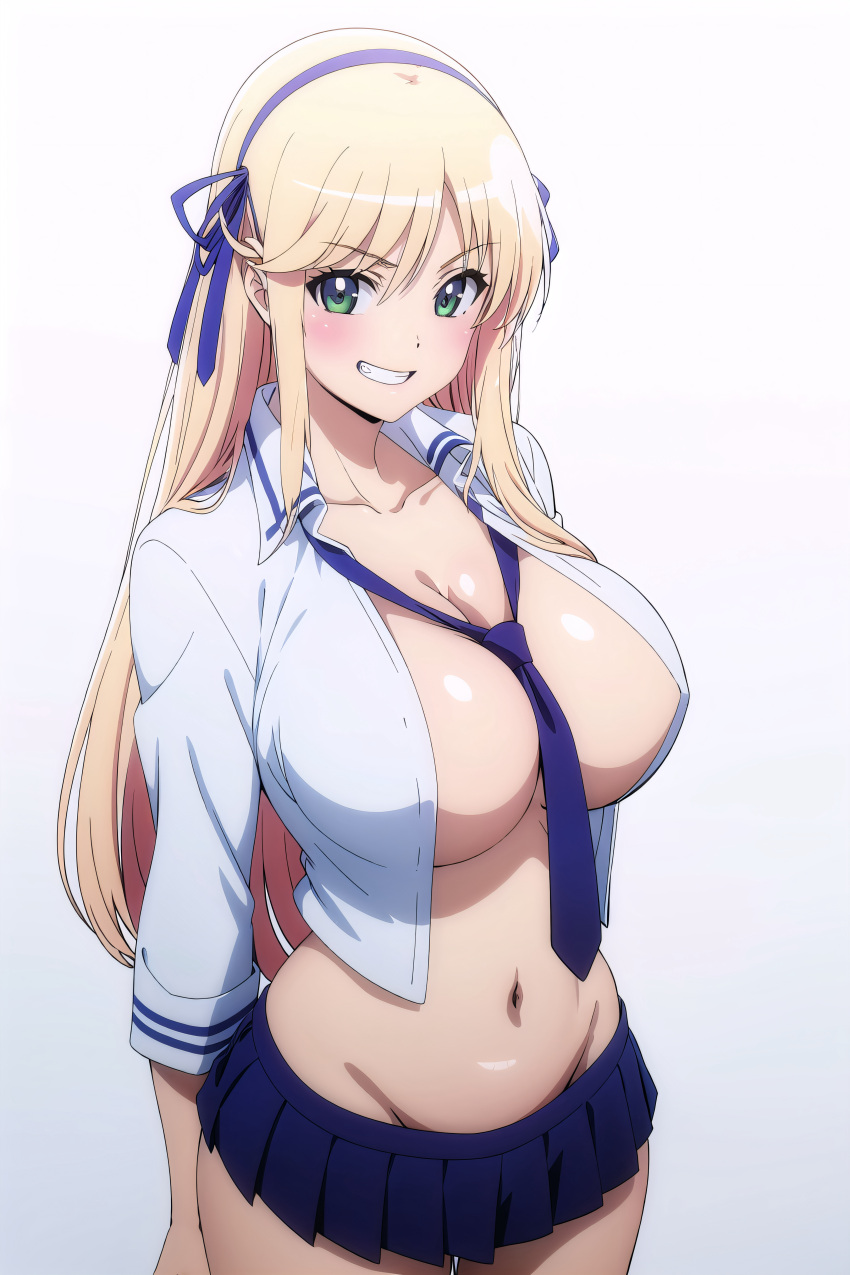 ai_generated arisato_yu blonde_hair breasts green_eyes katsuragi_(senran_kagura) long_hair miniskirt no_bra no_bra_under_clothes no_panties school_uniform schoolgirl senran_kagura senran_kagura_(series) tie