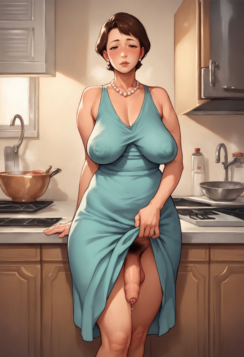 1futa ai_generated balls big_breasts blush breasts brown_eyes brown_hair cleavage clothes_lift covered_nipples dress dress_lift dress_lifted_by_self earrings facing_viewer foreskin futa_milf futa_only futa_pubic_hair futanari hand_on_counter indoors kitchen large_breasts leaking_precum lifting_own_clothes lips long_face looking_at_viewer mature mature_female mature_futanari milf narrowed_eyes necklace nipple_bulge no_panties no_panties_under_dress pantyless partially_retracted_foreskin pear_necklace pearl_earrings penis precum-string precum_drip presenting_penis pubic_hair sagging_breasts sasakinsfw semi-erect short_hair shoulders solo standing stove testicles uncut wide_hips
