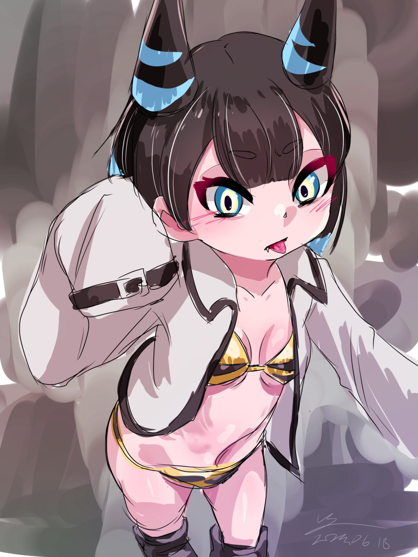 1girls bikini bikini_bottom bikini_top black_blue_hair black_hair blue_hair female female_focus female_only long_sleeves looking_at_viewer tablet_(tooboe_shinzou) thick_thighs thighhighs thighs tongue tongue_out tooboe_shinzou