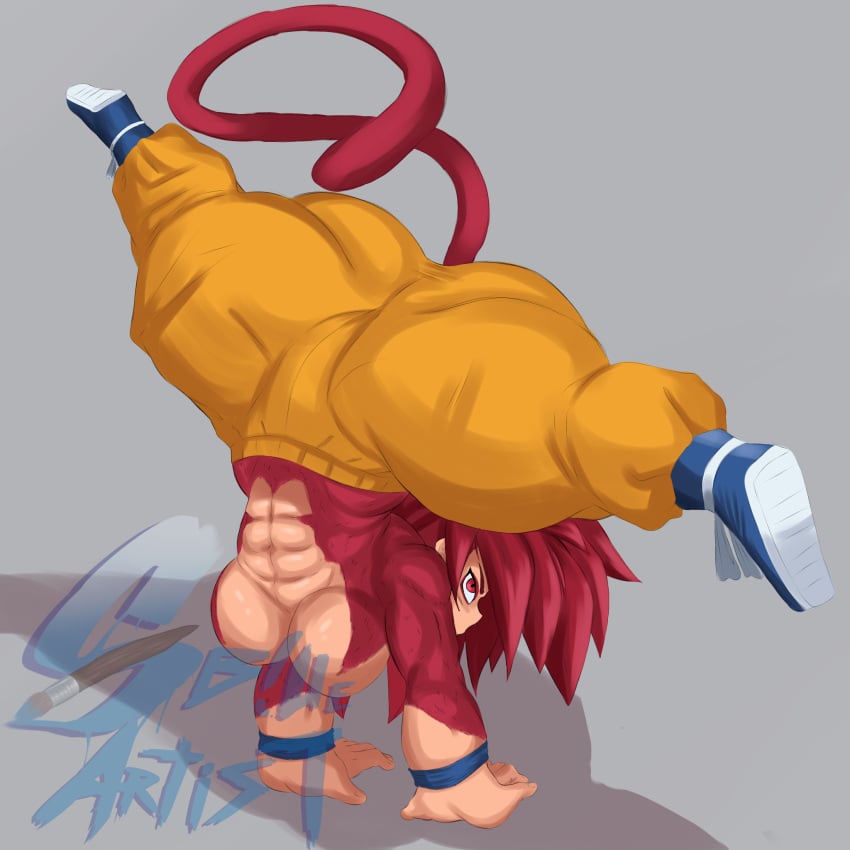 abs big_arms cel_shading dragon_ball_daima fur gigantic_ass gray_background hair handband handstand_with_split_pose looking_at_viewer monkey_girl monkey_tail pants_only red_fur red_hair revealing_breasts rule_63 shoes snowyblue son_goku super_saiyan_4 tail_markings thick_thighs watermark