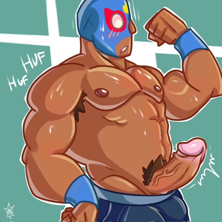 big_nipples black_fur boxers_(clothing) brawl_stars el_primo_(brawl_stars) erection hairy_armpits hairy_penis karavells male_focus male_only muscular_male pink_penis sweat under_clothes