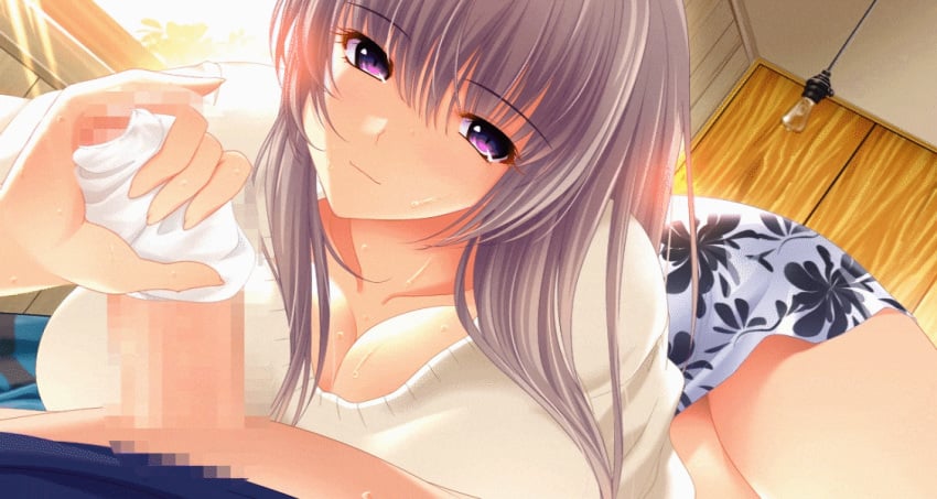 1boy 1girls animated atelier_kaguya breasts censored cleavage clothed_female flower_print foreskin game_cg grey_hair handjob handjob_with_cloth hayakawa_yuina huge_breasts konomama_dato_otouto_ga_techno_break_de_shinjau_kara_kozukuri large_breasts long_hair naughty_smile penis purple_eyes shirt smile uncut white_shirt yoppy