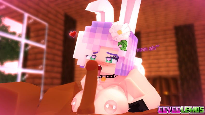 1boy 1girls 3d angel_(eeveelewds) big_breasts bunny_ears bunny_humanoid cyan_eyes eeveelewds erect_nipples erect_penis fellatio female flower_in_hair horny_female humanoid_penis looking_at_penis male mine-imator minecraft multicolored_hair nude_female nude_male outside tagme you