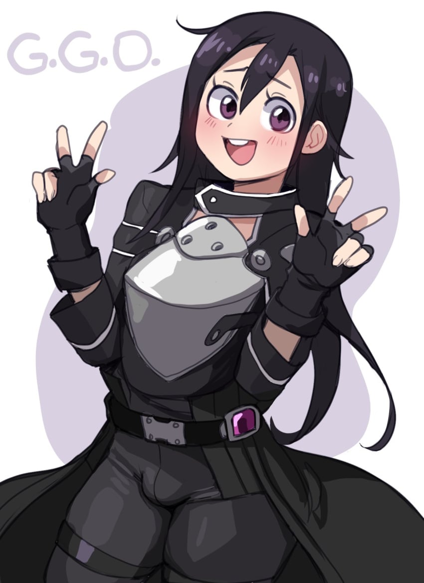 1boy armor bulge clothing femboy fingerless_gloves gloves gun_gale_online kirigaya_kazuto kirito kirito_(sao-ggo) lightsource long_hair looking_at_viewer male male_only solo sword_art_online thick_thighs wide_hips